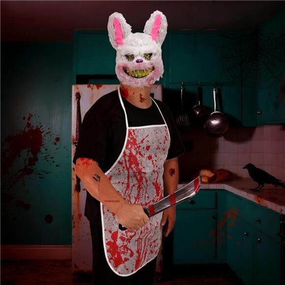 Men's Halloween Butcher Costume Set Scary Bear Mask Cooking Apron Prop - Picture 6 of 6